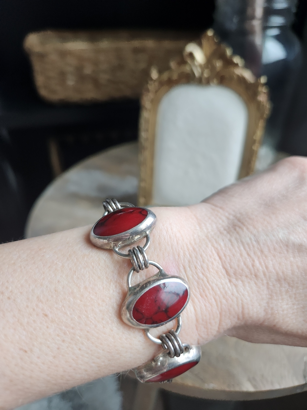Vintage Red Jasper Sterling .925 Stamped Taxco, Mexico Link Bracelet - Women - Picture 8 of 10